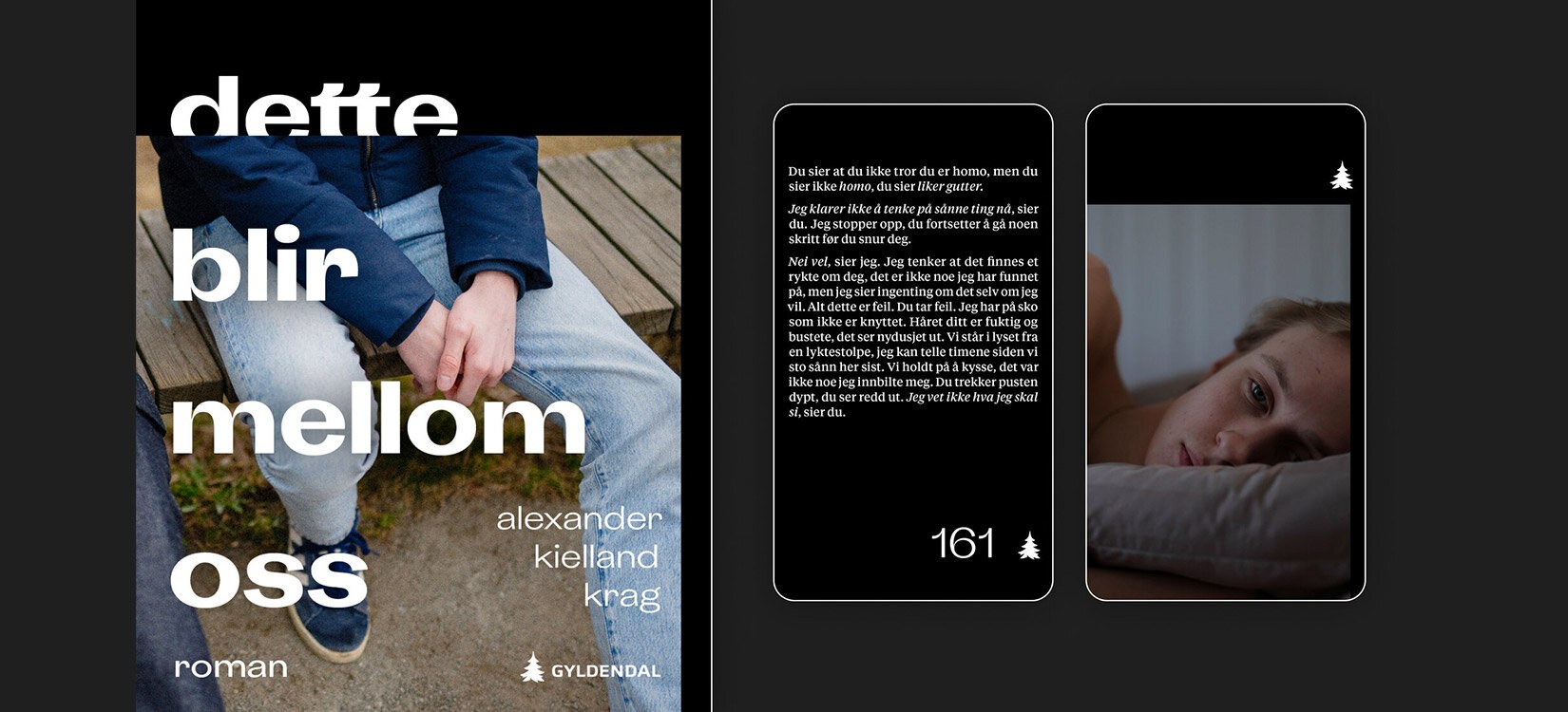 Montasje av forsiden på en roman og to utsnitt fra mobilskjerm med tekst og foto.