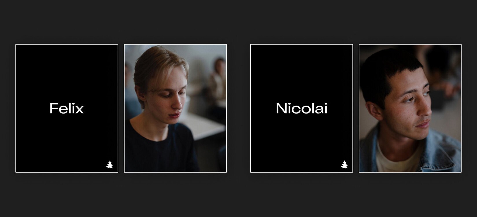 Fire utsnitt fra en digital bok: to portretter og navnene felix og nicolai.
