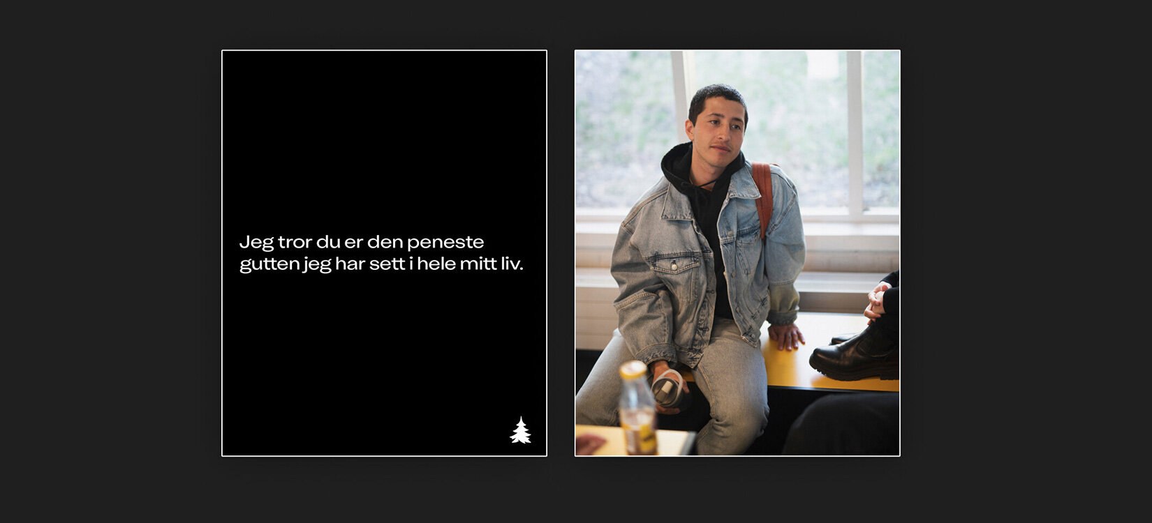 To sider fra en digital bok: "jeg tror du er den peneste gutten jeg har sett i hele mitt liv" og et portrett av en ung gutt som sitter på en skolepult.