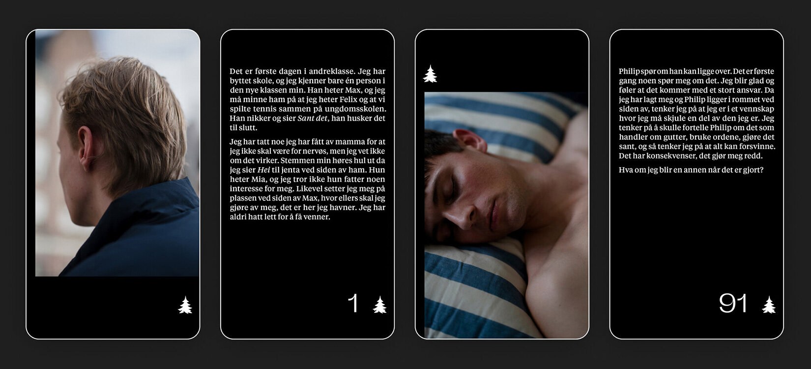 Montasje av fire stories fra instagram – blanding av tekst og foto på svart bakgrunn.