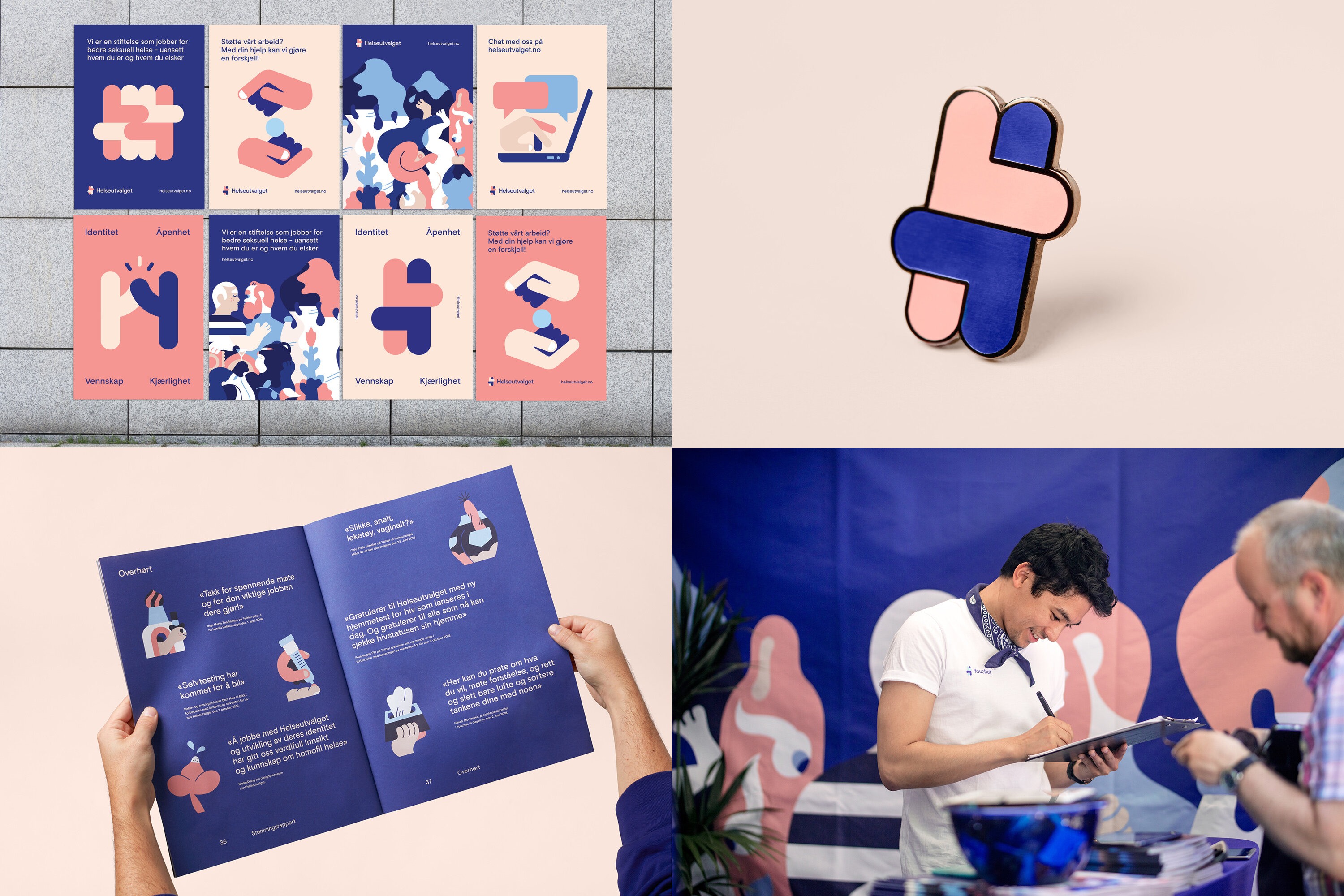 En montasje av fire bilder som viser Helseutvalgets nye identitet. Identiteten er preget av vennlige illustrasjoner og fargebruk – ulike nyanser av blå og fersken.
