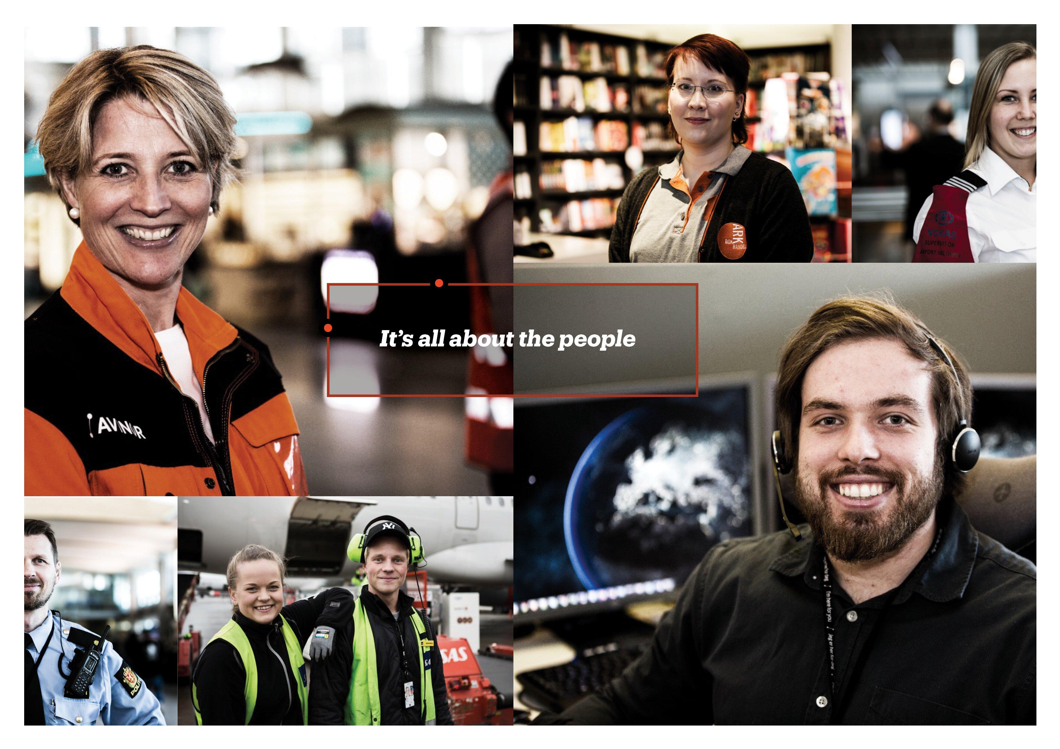 En montasje av seks portretter av ansatte i ulike deler av en flyplass og påskriften: "it's all about the people"