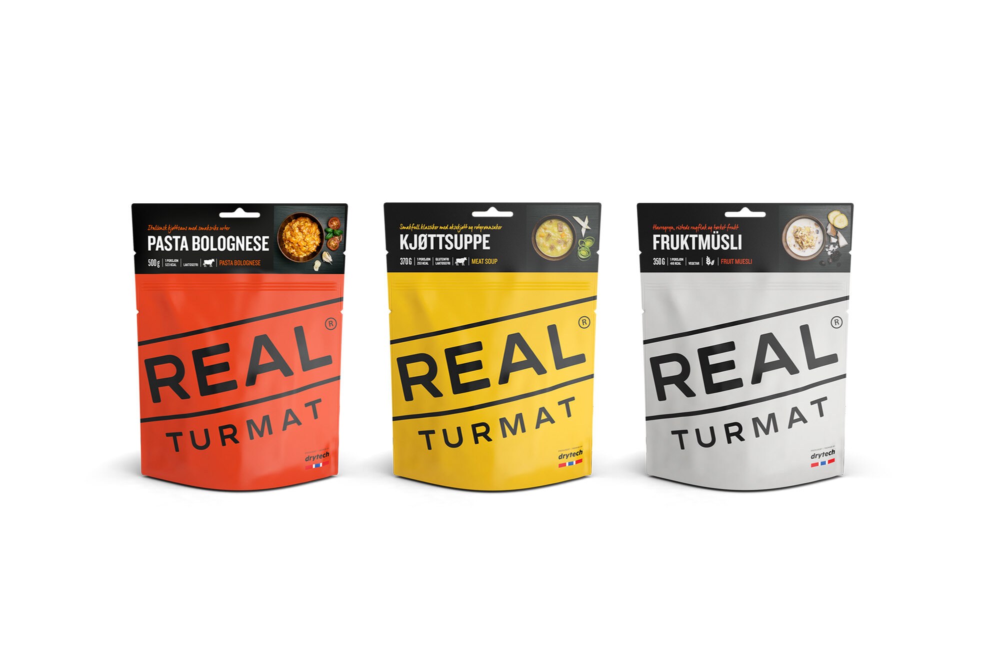 Bildet viser tre varianter av Real turmat. tre ulike matretter har hver sin signaturfarge: pasta bolognese, rød, kjøttsuppe, gul, og fruktmysli, lys grå.