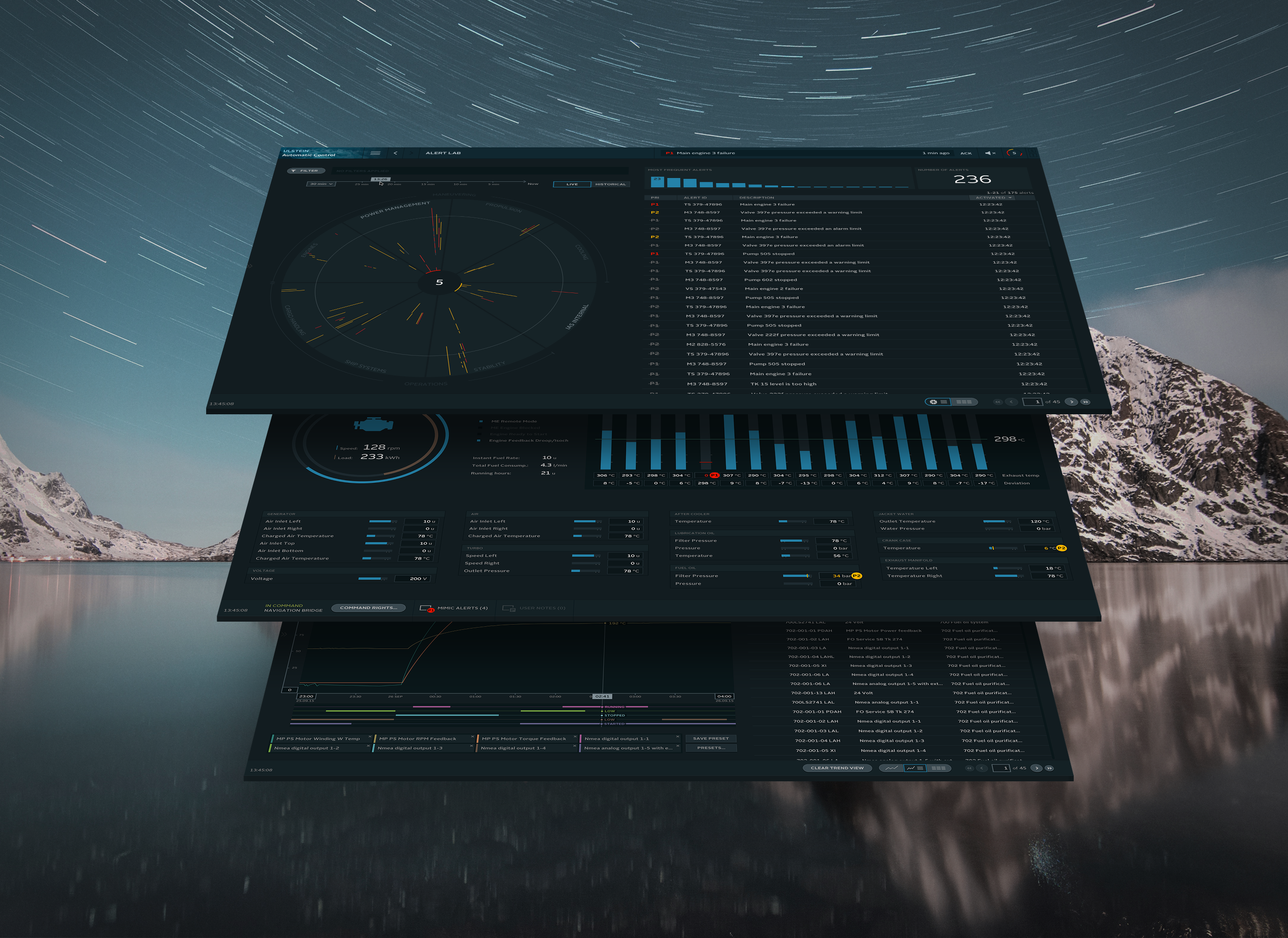 En illustrasjon av tre skjermbilder av en teknisk programvare lagt oppå hverandre over et bilde av et norsk kystmiljø på nattestid.