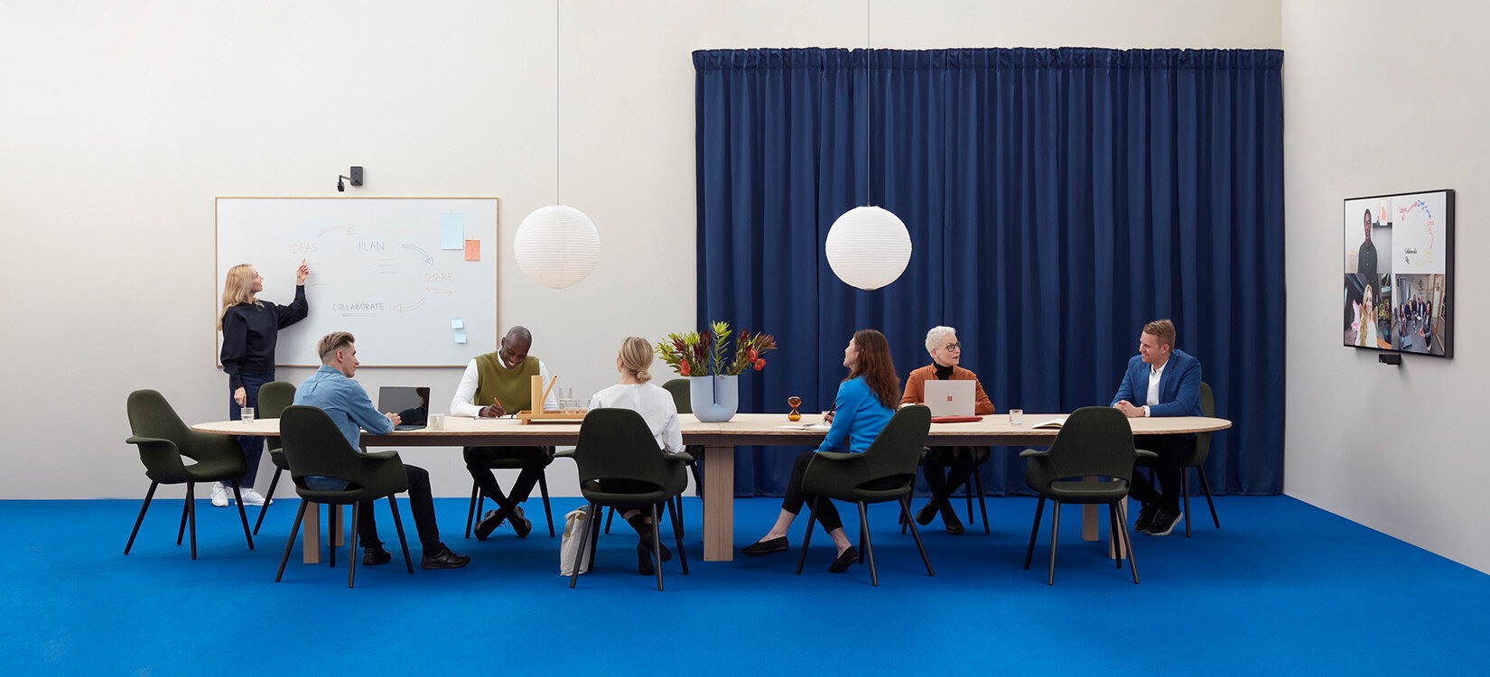 Et bilde av et møterom hvor en gruppe deltakere sitter ved et langt bord. en tegner på et whiteboard, mens digitale deltagere ses er på skjerm på kortveggen.