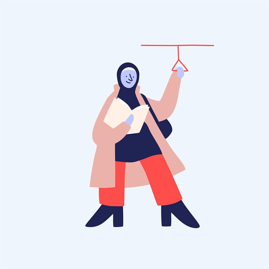 Illustrasjon av en kvinne som leser en bok mens hun holder seg fast i takhåndtak på offentlig transport.