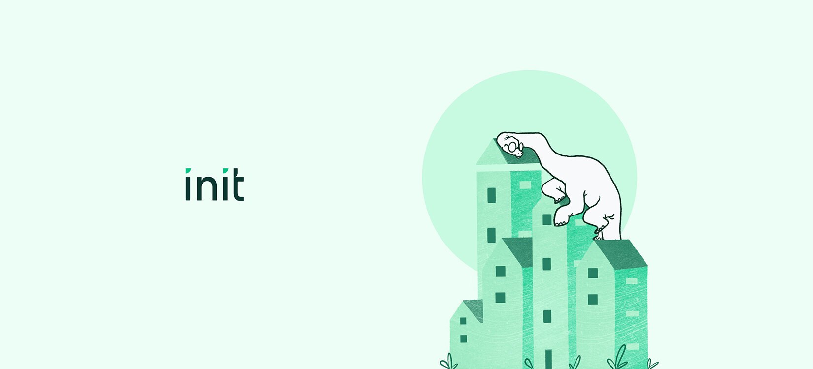 Illustrasjon: til venstre i bildet står det "init", til høyre en tegning av en søt dinosaus som sover på hustak.