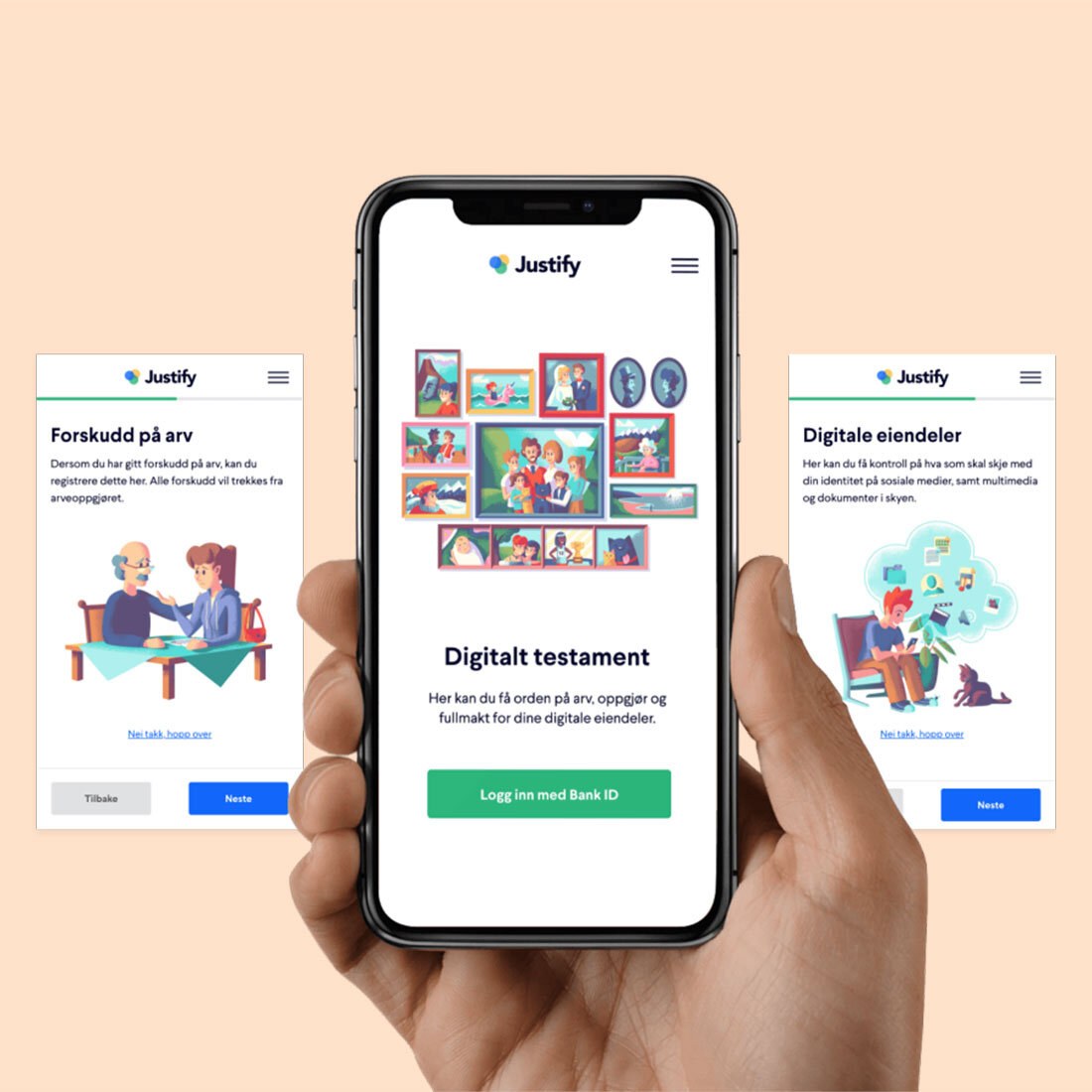 En montasje av flere skjermbilder fra en mobilapp. Bildet viser flere tjenester: "forskudd på arv", "digitalt testament" og "digitale eiendeler".