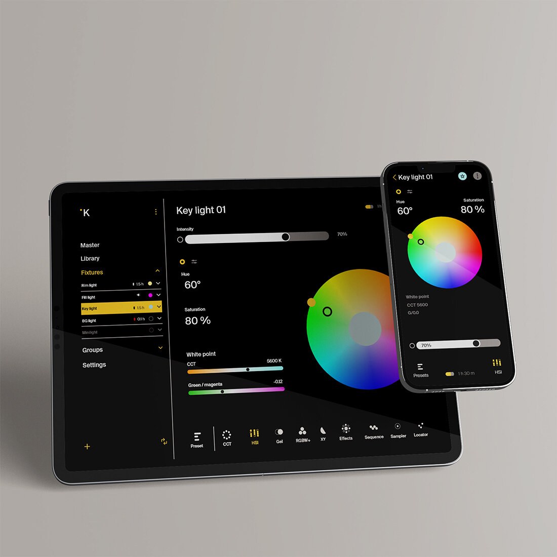 Nettbrett og mobil som viser en app for styring av lys, med fargehjul og innstillinger.