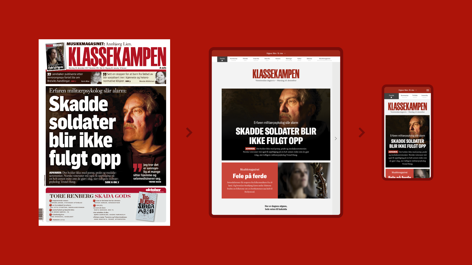 Montasje som viser én utgave av Klassekampen i tre versjoner: papir, nettbrett og smarttelefon.