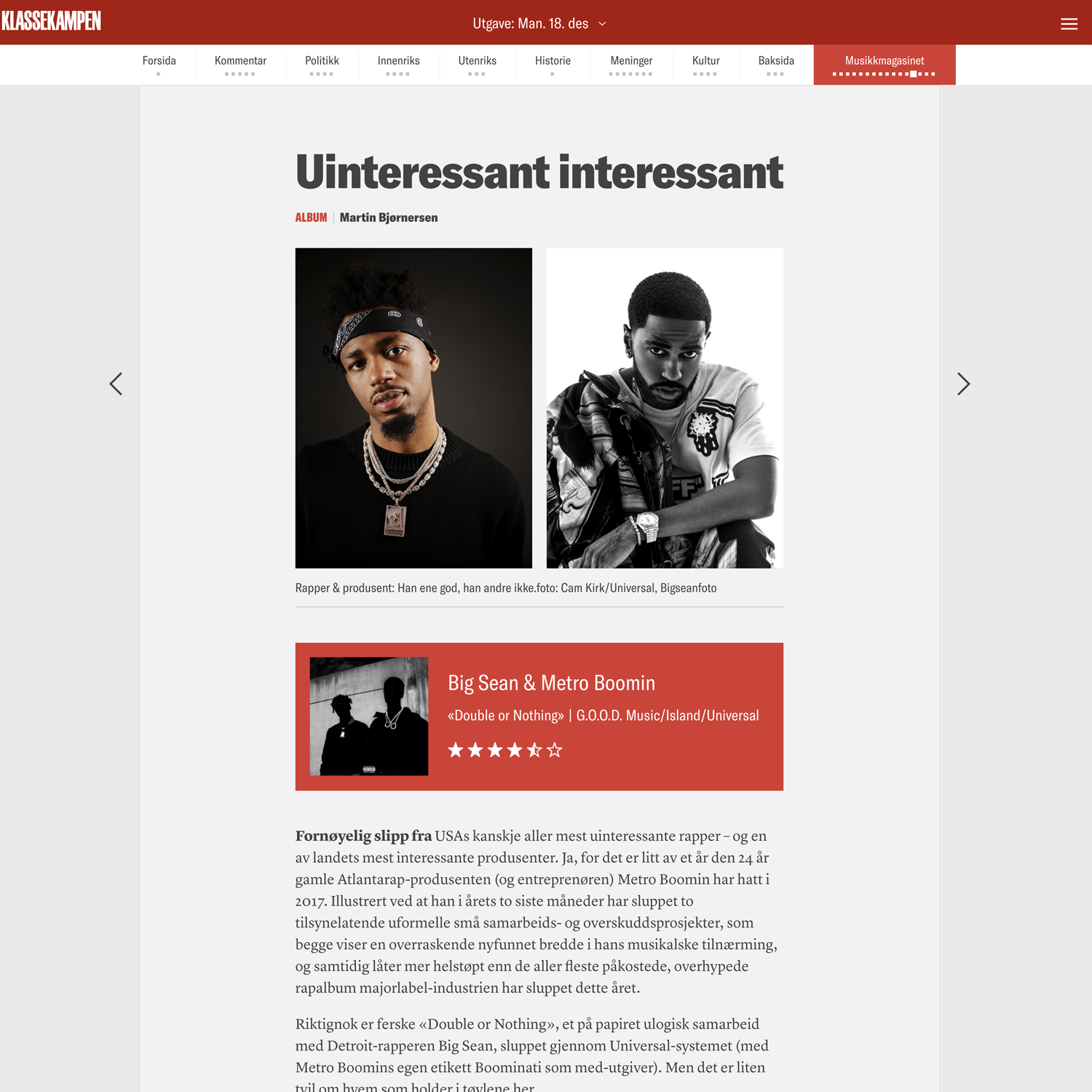 Faksimile fra en musikkanmeldelse i en digital utgave av Klassekampen.