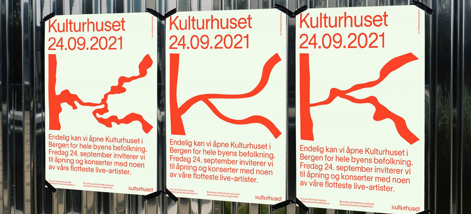 Tre plakater for Kulturhuset med en stor K i tre ulike varianter.