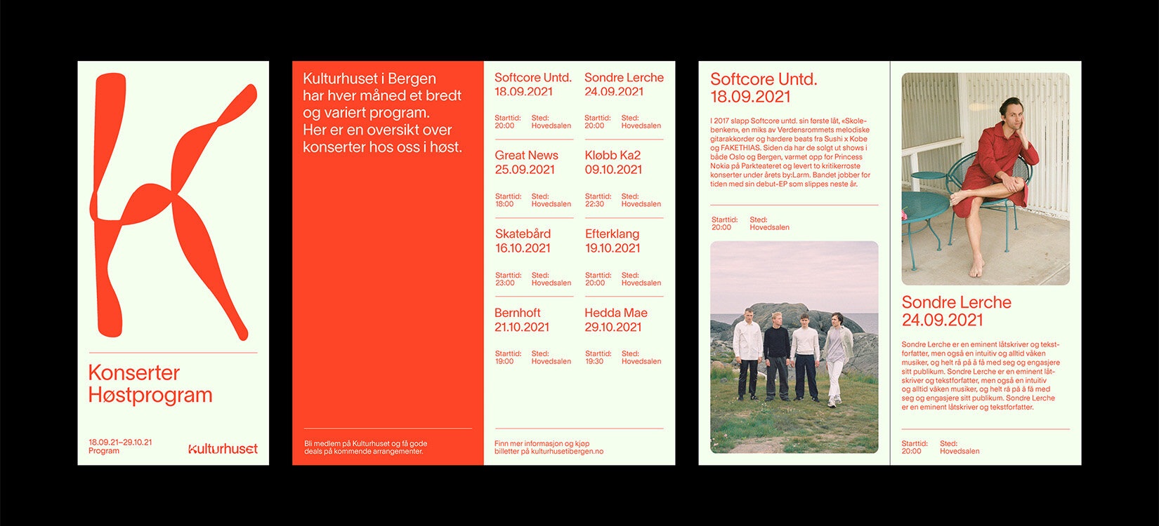 En montasje viser design av en brosjyre for konsertprogram ved kulturhuset.
