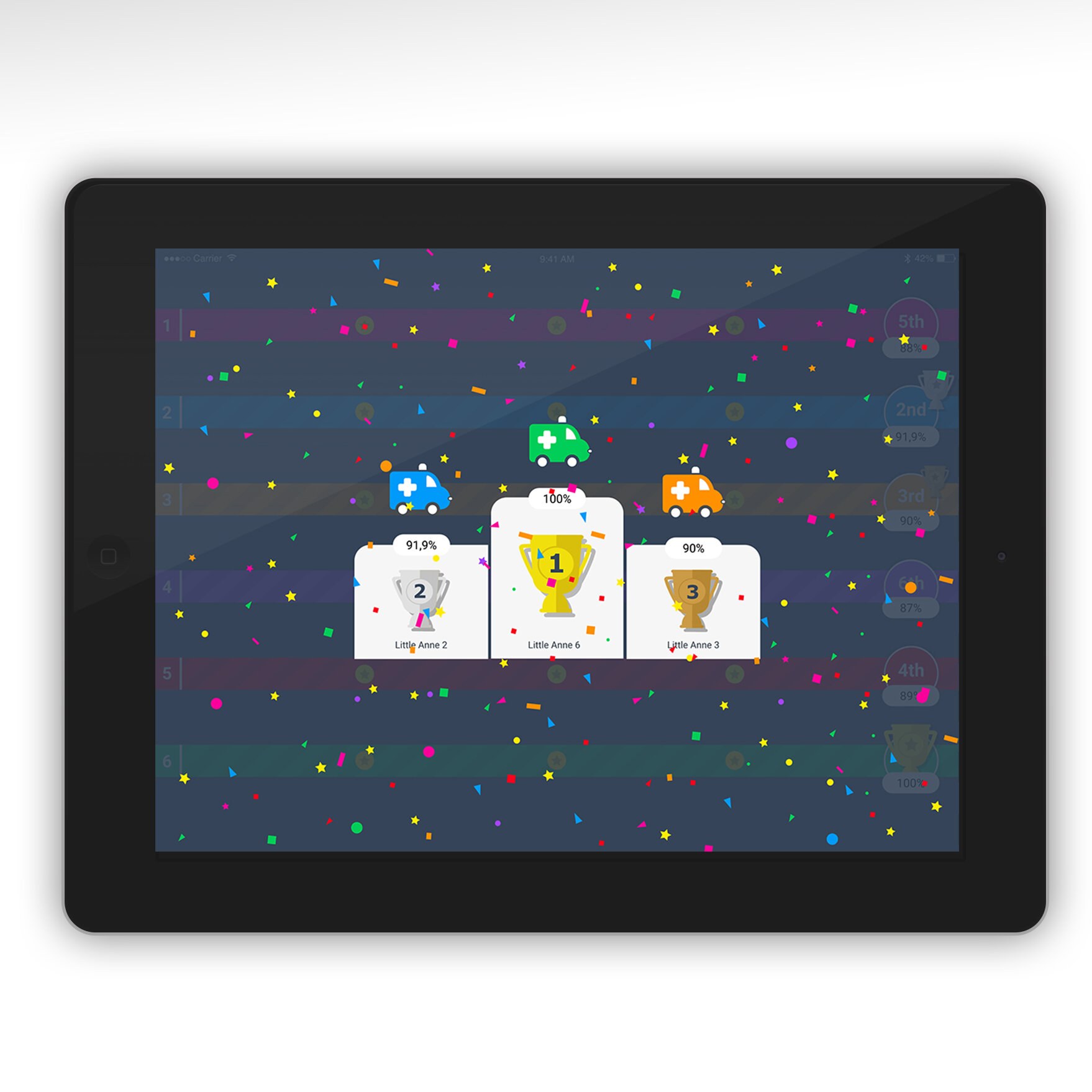 CPR race på en nettbrettskjerm. Bildet viser en seierspall hvor en grønn ambulanse har tatt førsteplassen.