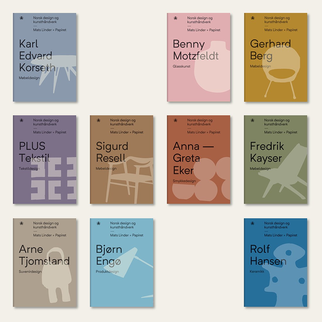 Bokserie om norsk design vist i flere fargerike bokomslag.
