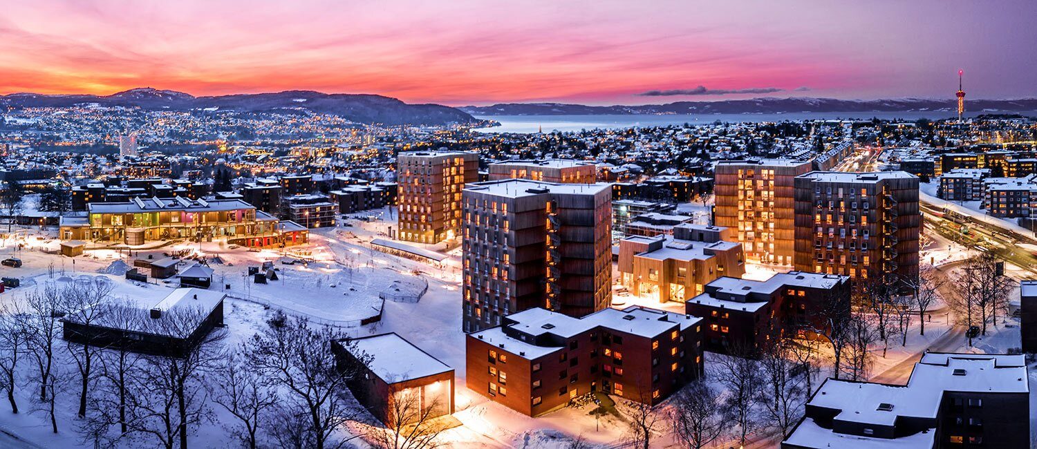 Oversiktsbilde over en by. Nærmest i bildet er et område med 4–5 høye blokker og flere lavere som ligger i en klynge.