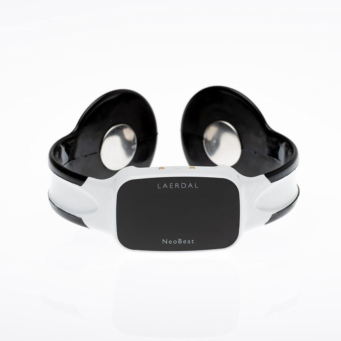 Produktfoto av neobeat hjertemonitor. Den er utformet som en bøyle, men to sensorer i hver ende og en monitor i midten.