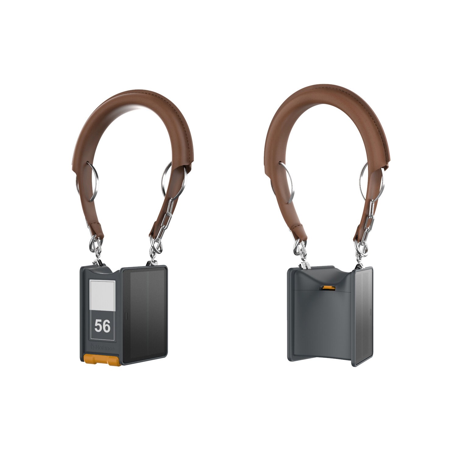 Produktrender av en klave: en sort boks er festet til en klave av lær.