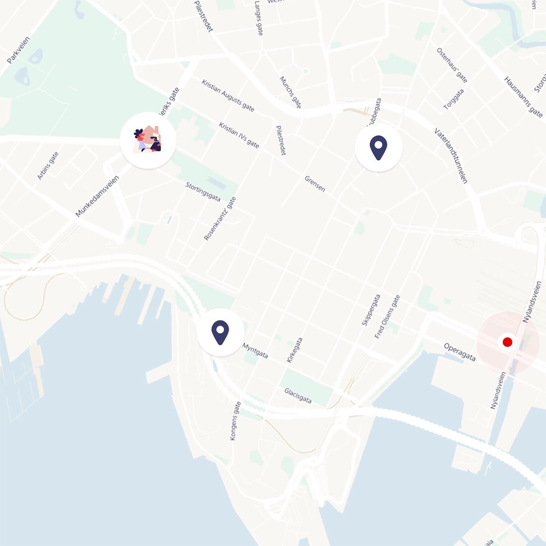 Et utsnitt av et kart med markerte punkter og en rød indikator som viser hvor brukeren er.