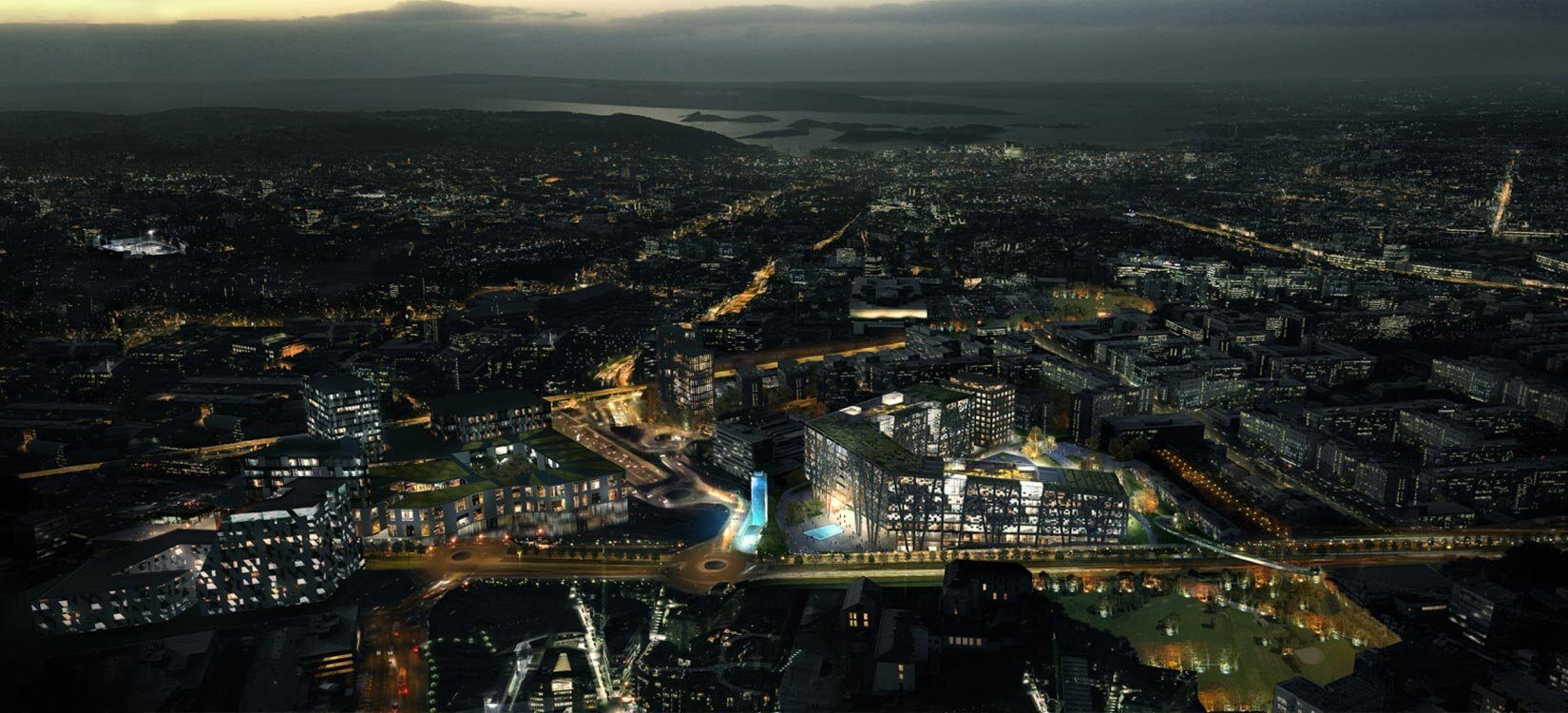 Flyfoto over bymiljø på nattestid