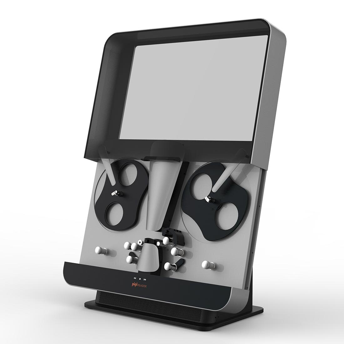 Render av et sort apparat som ser ut til å være åpnet ved at skjermen er løftet for å avdekke innmaten. Inni ses to spoler og diverse duppeditter.