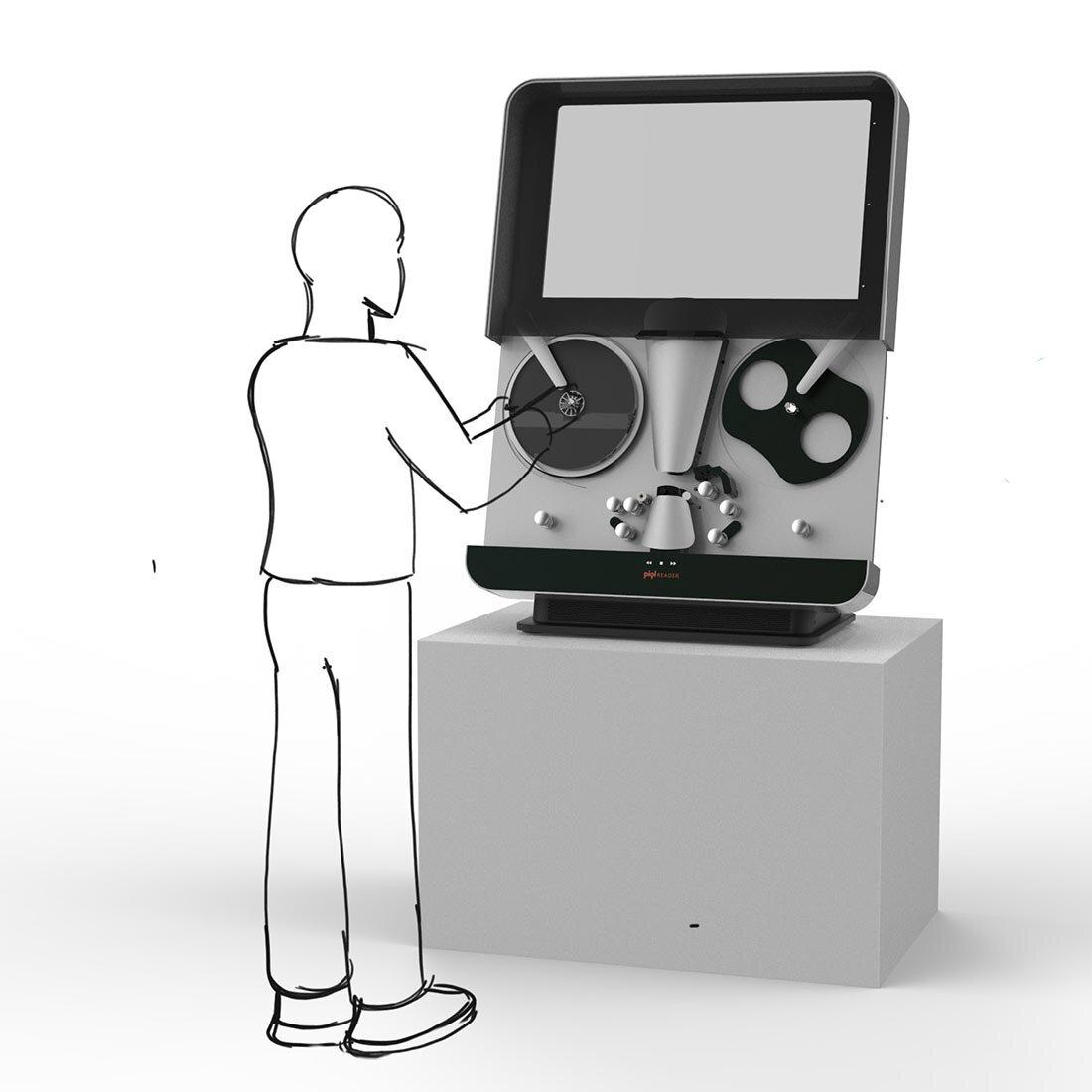 Et illustrert omriss av en person tar på en slags rull som er festet inn i et åpent apparat.