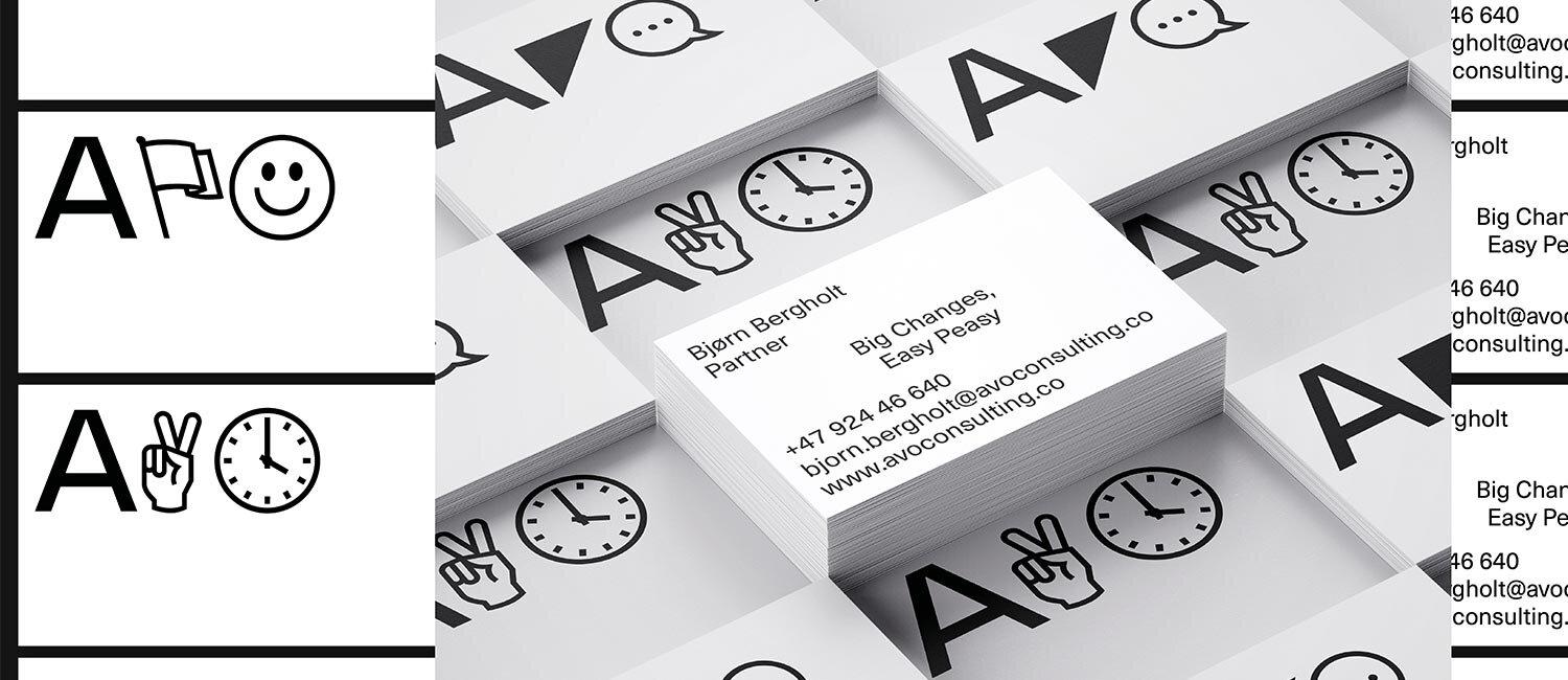 Montasje av visittkort for Avo. Svart/hvitt med dingbats – enkle visuelle ikoner – som det mest fremtredende formgrepet.