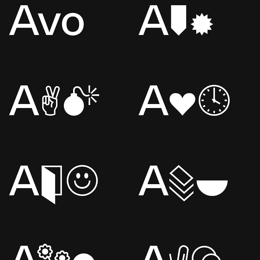 En illustrasjon av "AVO" skrevet på ulike måter, med bruk av dingbats. eksempelvis "A–hjerte–klokke".