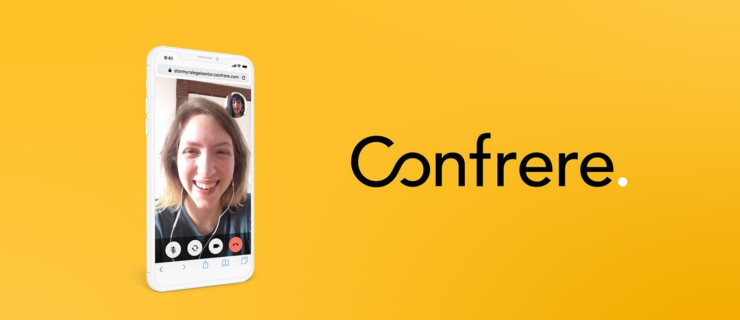 På gul bakgrunn: en mobiltelefon med en åpen videosamtale og smilende kvinne. Til høyre er Confrere sin logo.