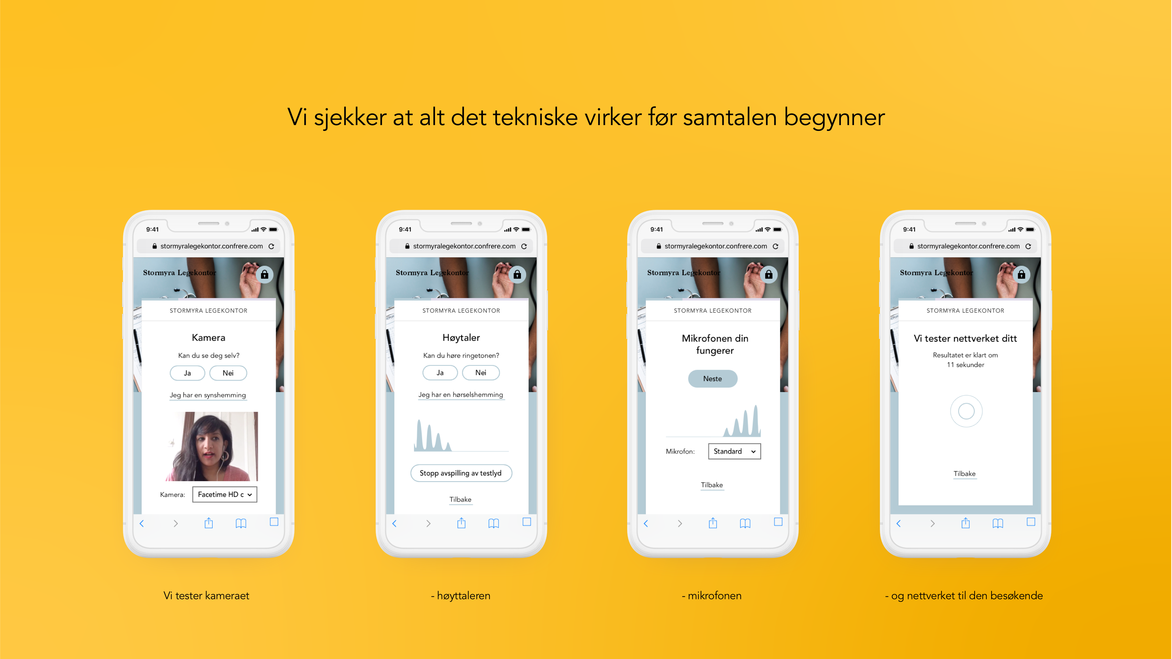 Illustrasjonen viser fire skjermdumper fra mobiltelefon som betrygger brukeren rundt at det tekniske i videosamtalen er kvalitetssikret.