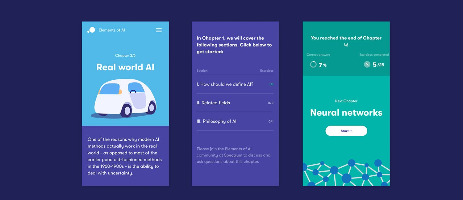 Illustrasjon av tre skjermdumper av Elements of AI. Kursinnhold er presentert sammen med klare farger og lekne animasjoner.