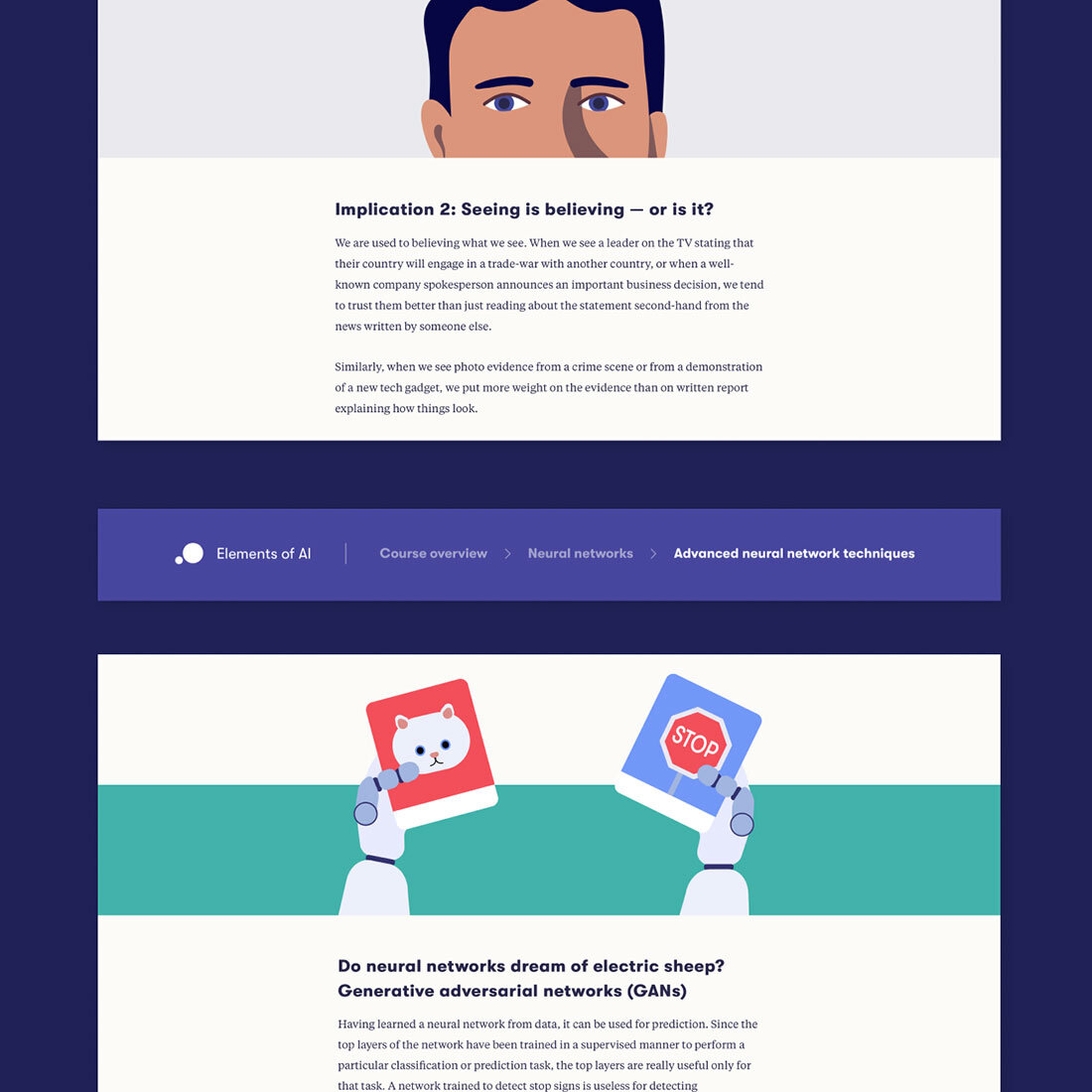 Skjermdump fra nettside. Kursinnhold presentert med klare farger og lekne illustrasjoner. Det har et vennlig og tilgjengelig uttrykk.