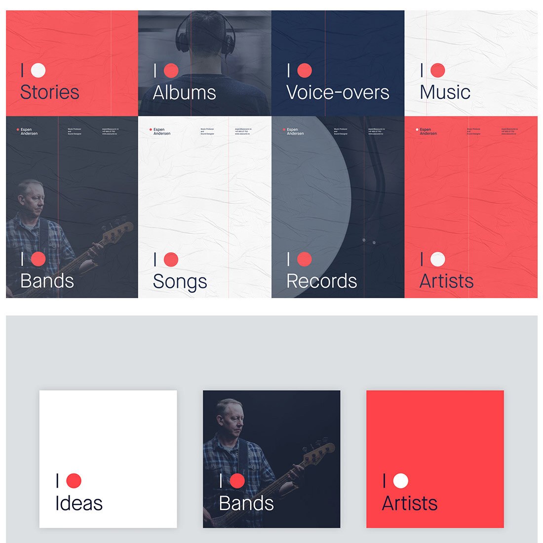 Faksimile av en samling plakater som benytter den karakteristiske røde sirkelen som en erstatning for ordet "love" – eks. I love stories, I love music.