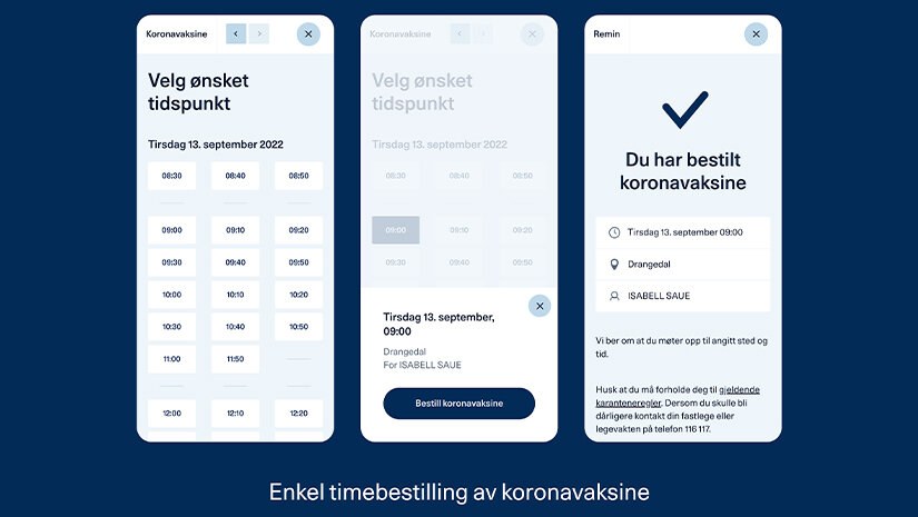 Montasje av skjermbilder fra mobilapp viser handlinger for å bestille time for koronavaksine.