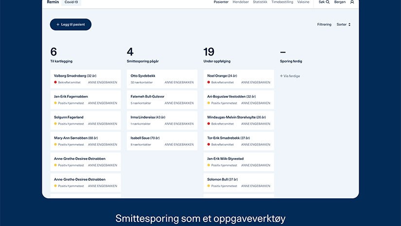 Et skjermbilde av en nettside som viser oversikt over oppgaver knyttet til smittesporing.