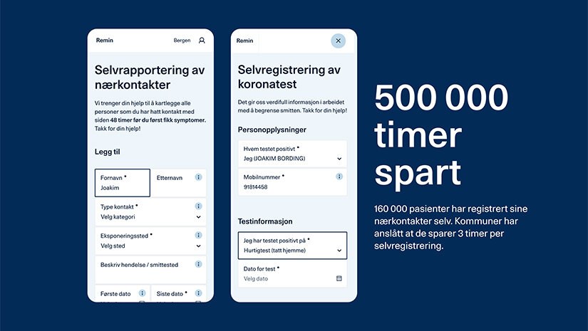 Montasje av to skjermbilder fra app viser grensesnitt for selvrapportering av nærkontakter.