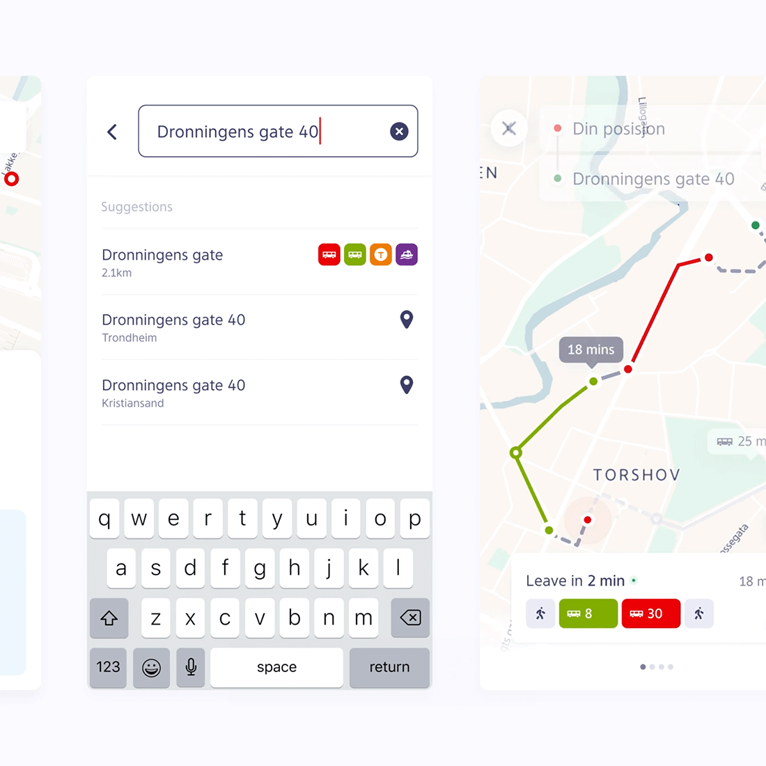 To skjermbilder av appen på mobiletelefon. Montasjen viser grensesnittet rundt søk på adresse og visualisering av reiserute