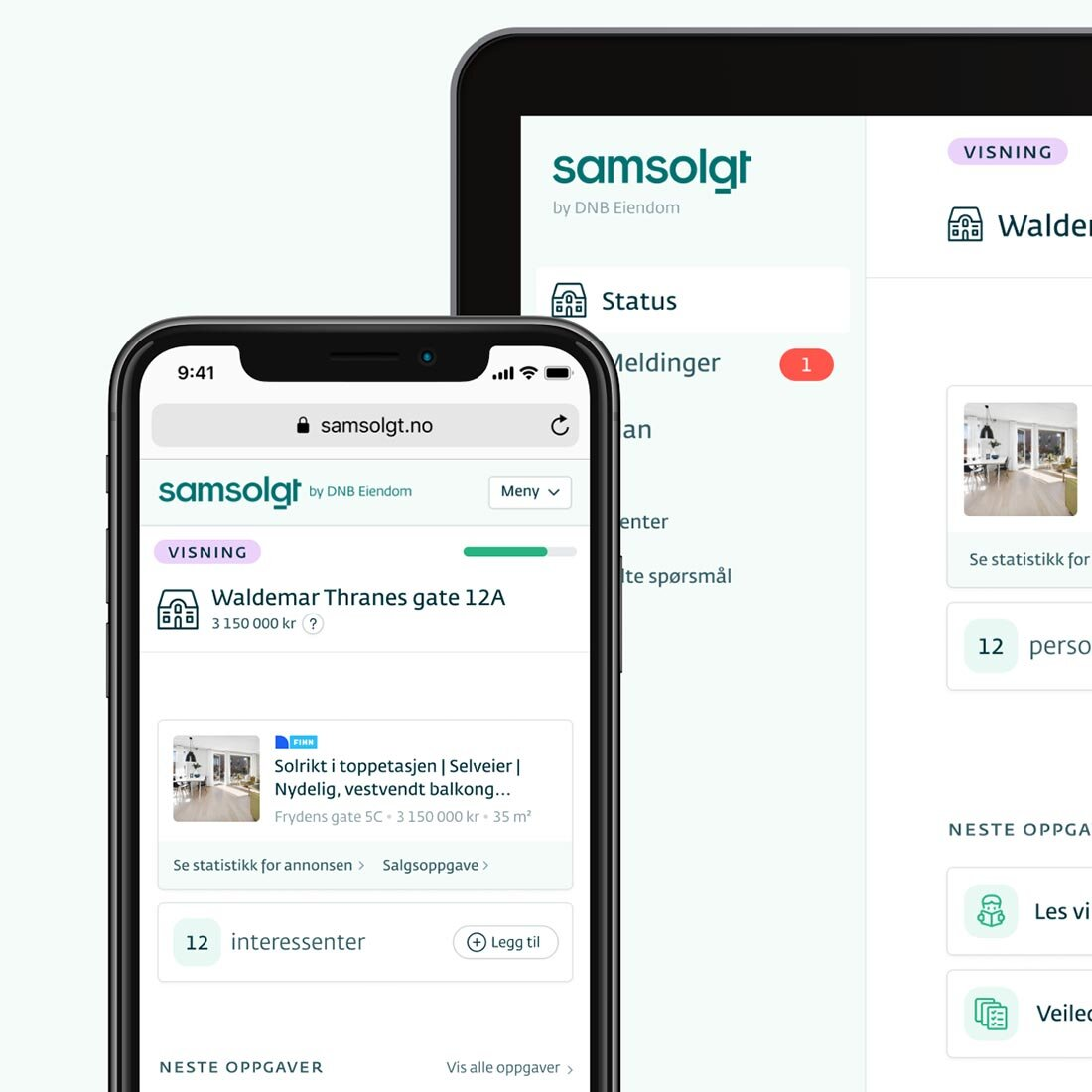 Illustrasjon av en mobilskjerm som overlappen en pc-skjerm. Nettsiden har overskrift Samsolgt, og viser detaljert knyttet til en adresse: statistikk for en finn-annonse, antall interessenter og neste oppgaver.