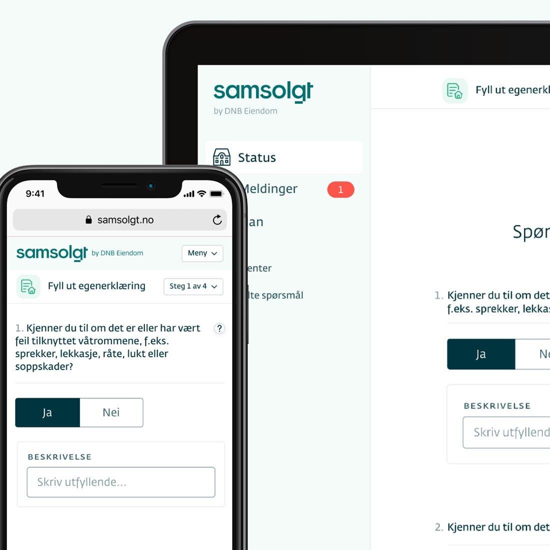 En nettside er åpen på mobil og pc-skjerm. Den viser et digitalt oppsett for å fylle ut egenerklæringsskjema for boligsalg.