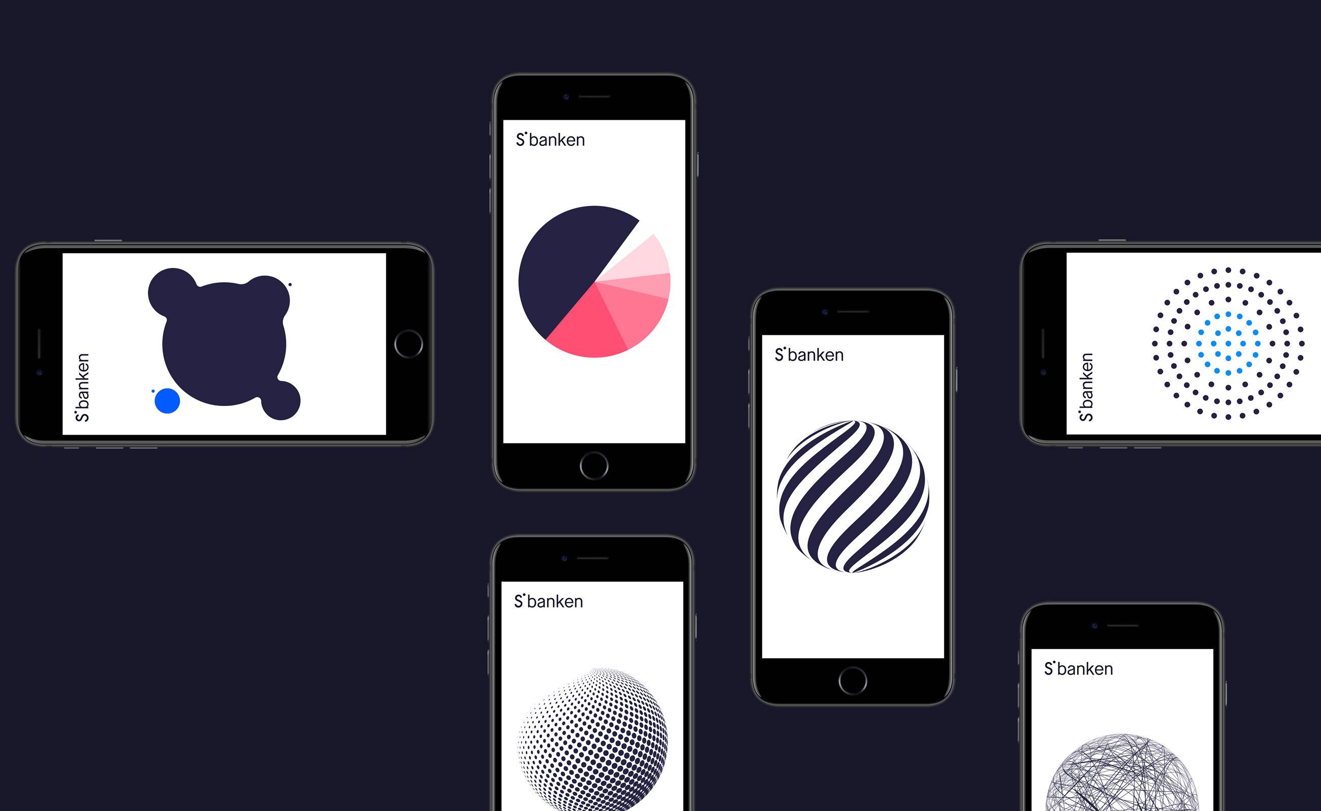 Bildet viser flere smarttelefoner med motiv fra Sbankens profil. Sentralt i hvert motiv er en sirkel, men ulik utførelse eksempelvis kakediagram, flere små sirkler som utgjør en stor osv.