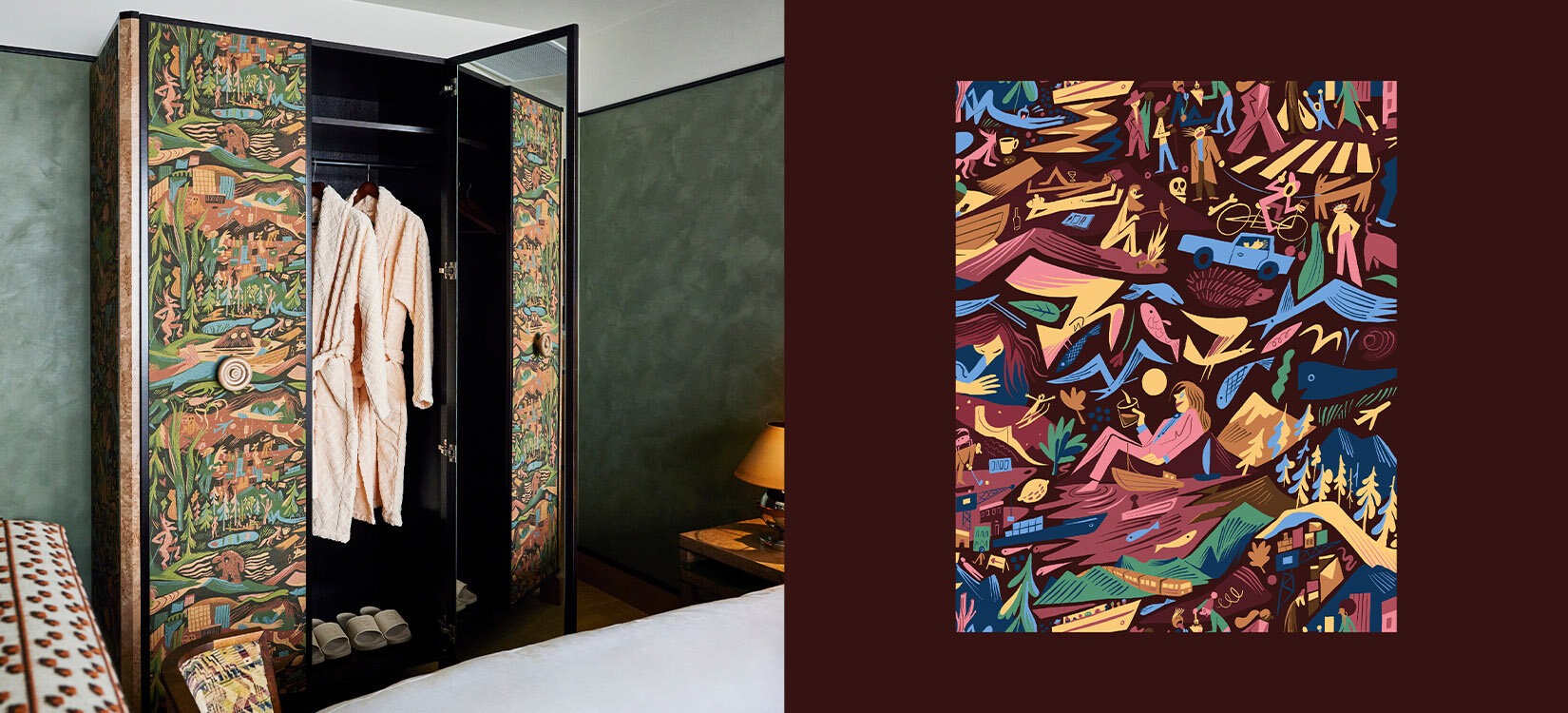 Montasje av to bilder viser et detaljert mønster i leken illustrert stil – alene og trykket på skapdør til garderobe.