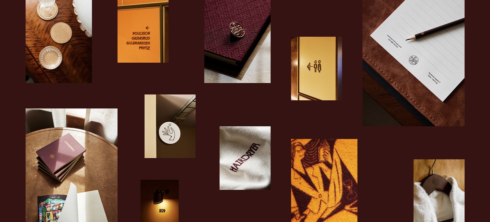 En montasje av ti små bilder viser hvordan identiteten er integrert i alt fra profileringmateriell til skilting og tekstiler.