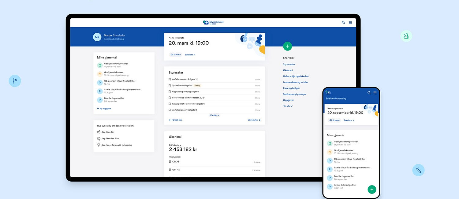 Illustrasjon av en dataskjerm og smarttelefon med en åpen portal med blått toppbanner. Siden er en oversikt over mye informasjon, men det er ikke mulig å lese.