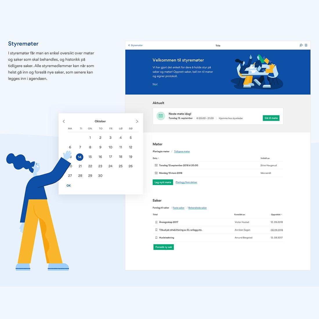 En montasje viser funksjonalitet rundt styremøter.