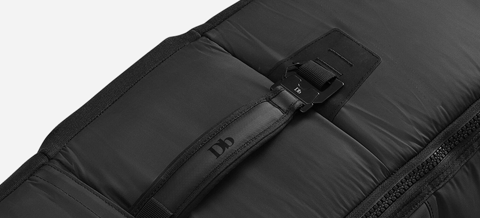 Nærbilde av detaljer rundt bærehåndtak på en bag