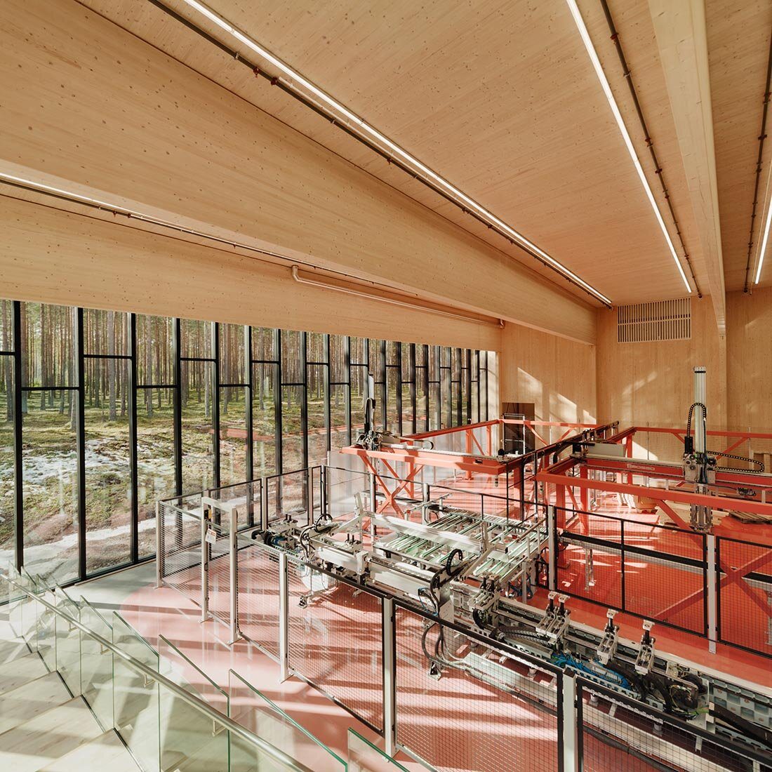 Interiørfoto fra fabrikken. Tak i massivtre, og vinduer fra tak til gulv slipper lys inn og git utsyn mot skogen.