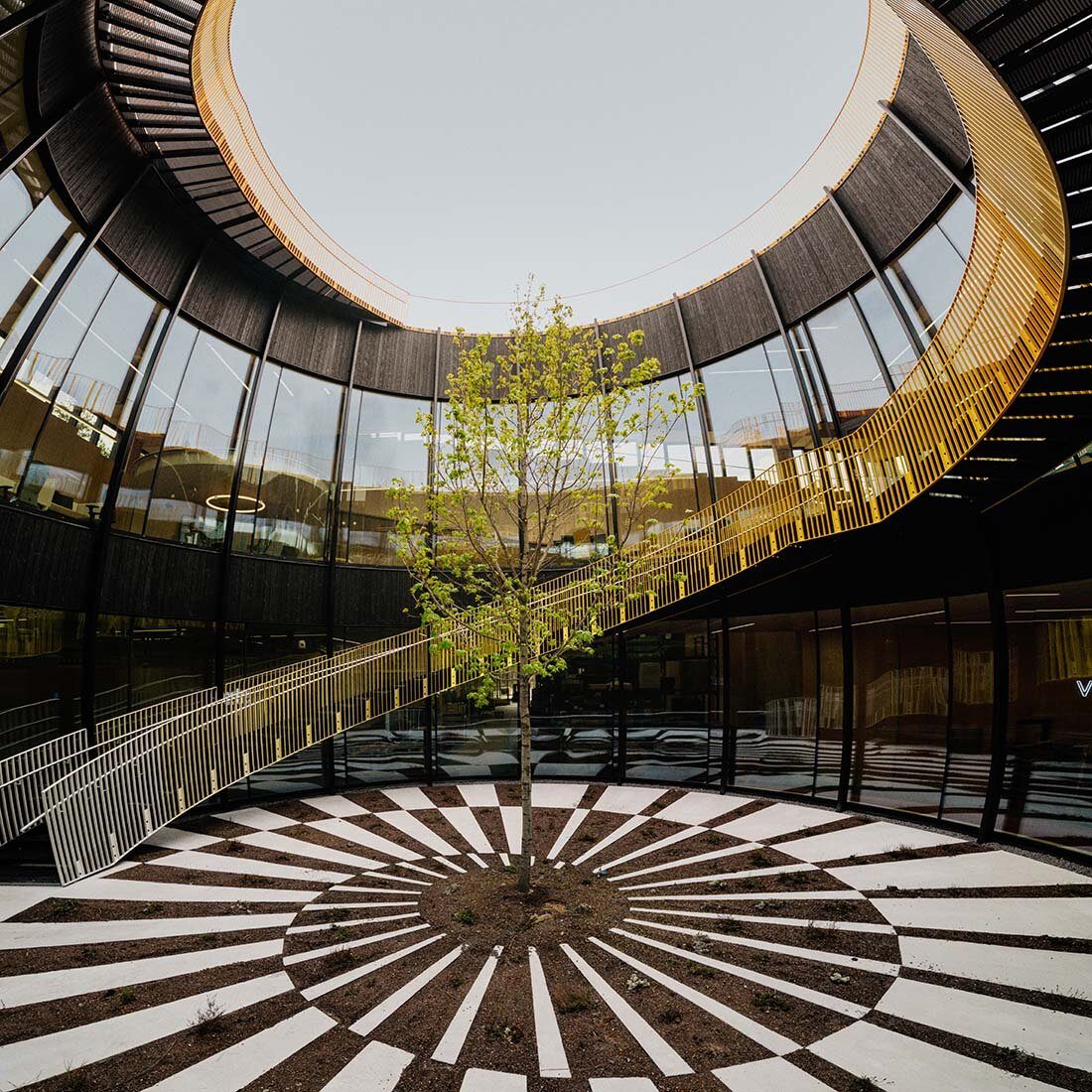 Bildet er tatt fra bakkeplan i en åpning i midten av fabrikken. Et ungt løvtre står i midten, og en trapp sirkler seg opp mot taket.