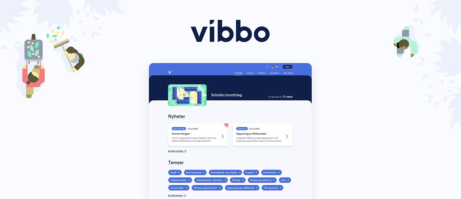 Montasje viser overskriften Vibbo over et utsnitt fra en digital portal – omringet av et hvitt landskap i fugleperspektiv med illustrerte karakterer som utfører hagearbeid