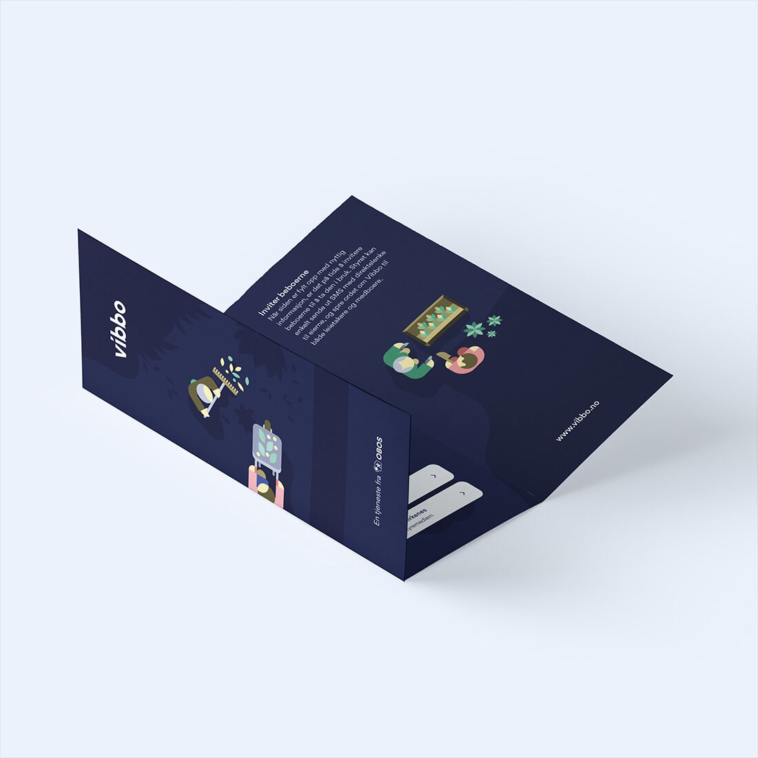 En brosjyre som ligger delvis åpen. Vibbos logo i hvitt på mørk blå bakgrunn. Fargerike illustrasjoner av mennesker som gjør dugnadsarbeid er et lekent element mellom teksten.