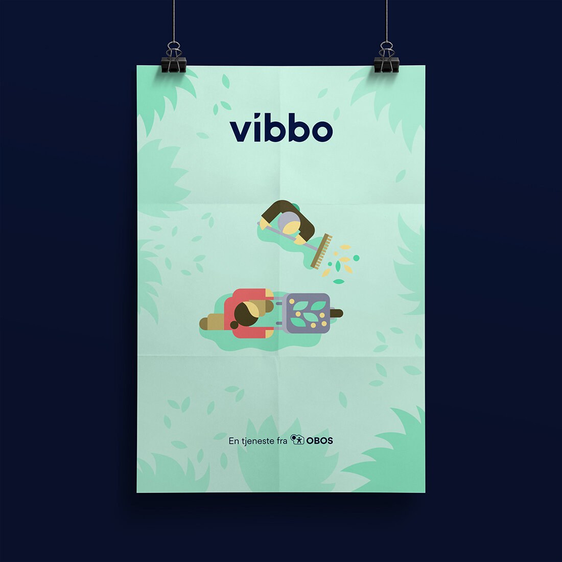 Plakat for vibbo med illustrasjon av to illustrerte mennesker som gjør hagearbeid sammen.
